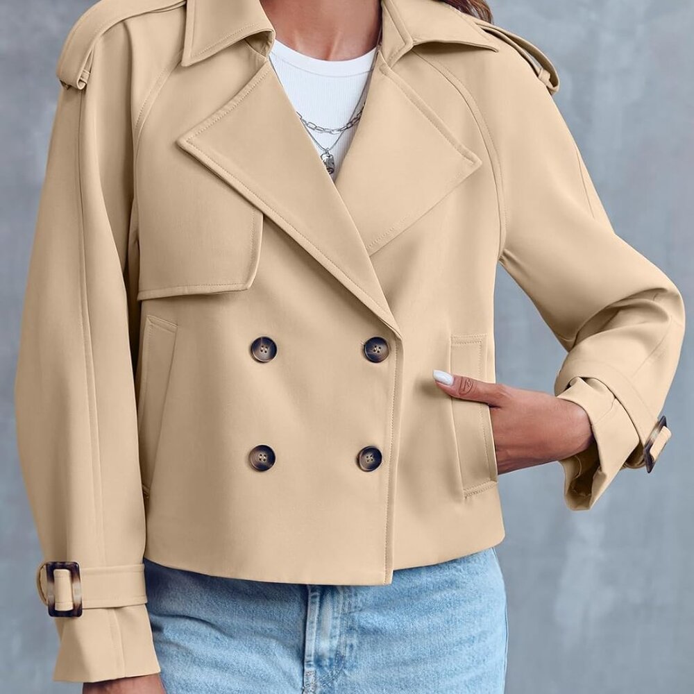 Women Crop Double Breasted Trench Coat Raglan Sleeve Work Office Cropped Jacket - Picture 3 of 6